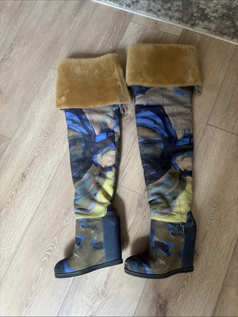 UGG Claire Tabouret Over-the-Knee Patterned Wedge Boots with Tan Faux-Fur Cuff